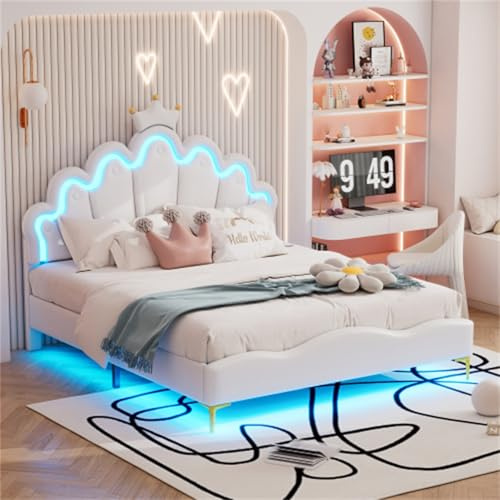 Polsterbett Kronenförmiges Prinzessinnenbett Einzelbett PU-Leder Jugendbett Mit Verstellbarer LED Doppelbett Für Erwachsene Jugendliche Gästebett Bettgestell Weiß 140x200 cm