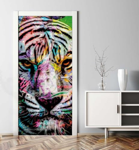 MyMaxxi - Tür bekleben mit Türtapete Türposter Türfolie Selbstklebend 90x200 Tiger Graffiti - Tür verschönern Türaufkleber Türklebefolie Katze Jäger Raubkatze Mehrfarbig