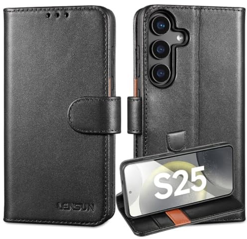 LENSUN Echtleder Hülle für S25 Samsung Galaxy, RFID Schutz - Schwarz | Wallet Kartenfach, Brieftasche Funktion, Handyhülle Echtes Leder, Lederhülle Flip Handytasche, Sicherer Magnetverschluss