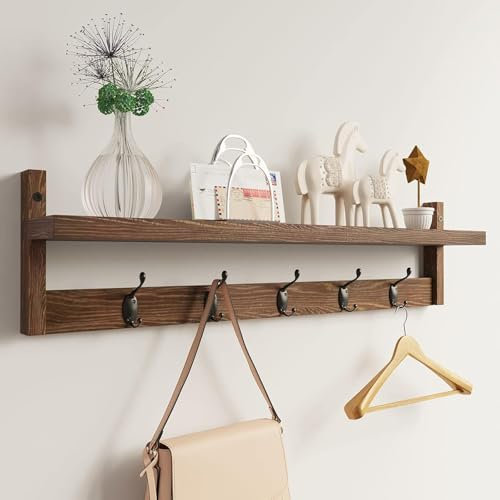 AMBIRD Wandhaken mit Regal - 73,5cm Eingangswandregal, Holzkleiderhaken mit Regal, Wandmontierter Kleiderhakenständer mit 5 Doppelhaken für Bad, Wohnzimmer, Schlafzimmer (Braun)