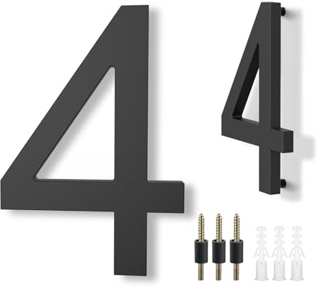 DEWEL Numero Civico 4 in Acrilico Nero 20,3 cm, Effetto 3D | Numero civico 4 da 20,3 cm in acrilico nero resistente: effetto 3D flottante, visibile da strada e facile da montare.