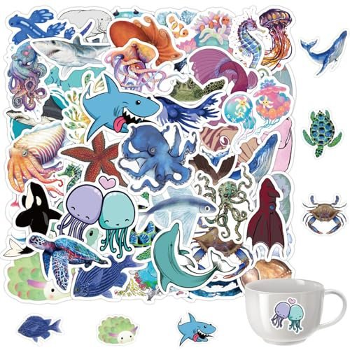 50pcs Ocean Animal Stickers, Cute Funny Marine Life Sticker Pack for Water Bottle Scrapbook Laptop Skateboard, Vinyl Waterproof Fierce Sea Animal Decals for Teens Kids Girls