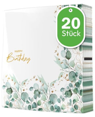 20 große stoffähnliche Servietten Geburtstag Eukalyptus grün Bordüre festlich als Tischdeko. Motivservietten für Happy Birthday Erwachsene Mann Frau Junge Mädchen. Offen 40x40cm, gefaltet 20x20cm