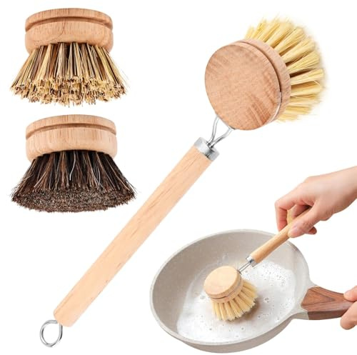 Brosse à vaisselle en bambou avec poignée, brosses de cuisine naturelles avec 3 têtes de rechange, crin de cheval, sisal, paume, brosse à récurer tout usage, brosse à récurer pour fruits et légumes