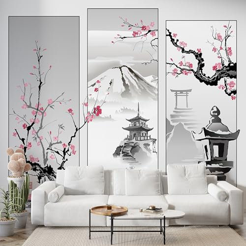 Boceoey Papier Peint Panoramique Japonais Fleurs De Cerisier 3D - Motif Mont Fuji Aquarelle - Décoration Murale pour Salon & Chambre, Intissé Autocollant Papier Mural, 100x70 cm S-975