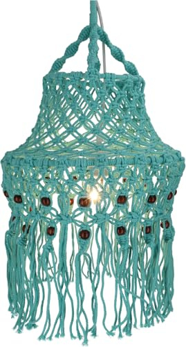 Deckenlampe Makramee handgefertigt, Bali, 100% Baumwolle, Modell Cebu grün | Filigranes Design aus Baumwoll-Schnüren, Eisen-Gestell, orientalischer Stil, einzigartiges Kunstwerk
