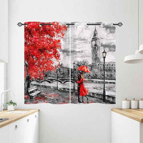 ANHOPE Ölgemälde London Big Ben Rot Baum Gardinen Blickdichte Thermo Vorhänge mit Ösen Kinder Mädchen Vorhang Blackout Curtain Wohnzimmer Schlafzimmer Verdunklungsvorhänge 2er Set H 138 x B 71 cm