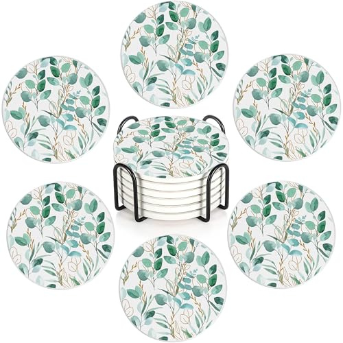 Sage Green Plants Set of 6 Absorbent Ceramic Coasters with Cork Base & Holder,10cm Round Drink Mats for Mugs, Wine Glasses - Spill Protection for Wood/Glass Tables