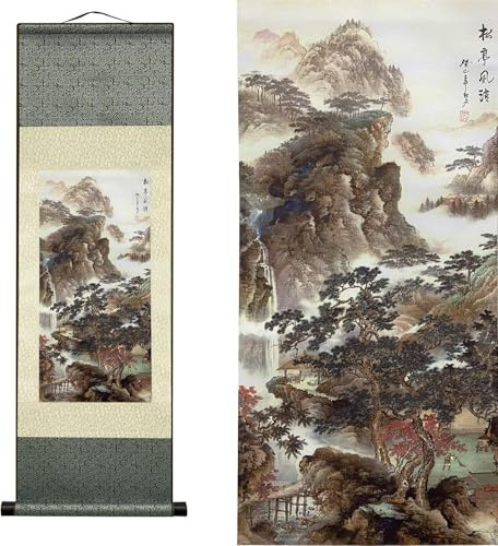 AtfArt Silk Scroll Painting, Asian Landscape, Waterfall, 36.2x12in | Waterfall River Scene with Pine Pavilion, Traditional Chinese Landscape Art Scroll for Living Room, Bedroom, Office Decor