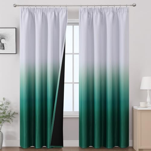VEHEDE Dark Green and White Blackout Curtains for Bedroom, Thermal Insulated Full Room Darkening Ombre Curtain for Living Room with Pencil Pleat, 2 Panel 84 Inch Length Drapes, W52 x L84 Inch
