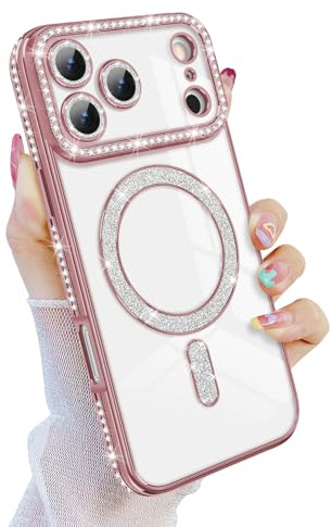 Newseego für iPhone 17 Pro Max Hülle Kompatibel mit MagSafe, Rosa | Glitzer, Magnetische, Bling Diamanten, Weiche TPU, Transparente Handyhülle, Stoßfest Schutzhülle, Vollständig Kameraschutz