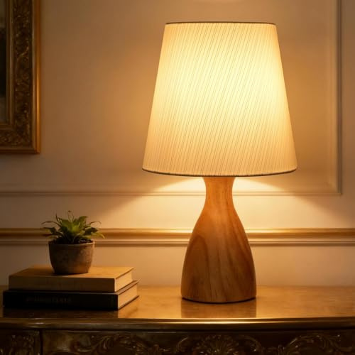 Aukimo Wood Bedside Table Lamp, White Linen Lampshade with Golden Striped, On-Off Switch, 12.6 Inch Nightstand Lamp for Reading, Bedroom, Living Room, Children's Room, Office, Bulb Included