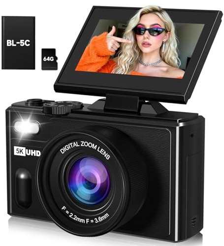 Digitalkamera, 5K Reisekamera 80MP Kameras für Fotografie Vlogging Kamera für YouTube mit 3 Zoll 180° Flip Screen mit 18X Zoom Autofokus Kompakte Videokamera mit 64GB SD-Karte für Teenager Anfänger