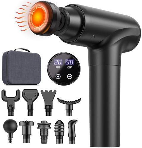 Cotsoco Pistola Massaggio Muscolare con Calore, 20 Velocità e 10 Testine, Massaggiatore a Percussione con Schermo LED Touch, Silenziosa con Borsa da Trasporto, Regalo Uomo Donna