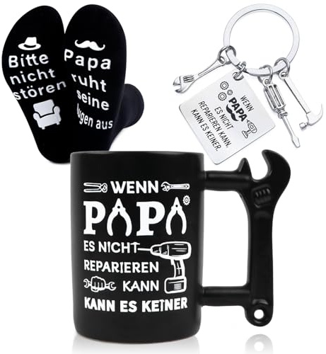 Geschenkset für Papa – Lustiges Papa Geschenk mit Tasse, Socken & Schlüsselanhänger – Vatertag, Geburtstag, Weihnachten
