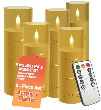 ACXIN LED-Kerzen 5er-Set mit Fernbedienung, Timerfunktion & Flackernde Flamme, Flammenlos, Acryl & Kunststoff, Tischdeko Wohnzimmer & Bad, Höhe 14/16/18/20 cm, Durchmesser 5 cm, Gold