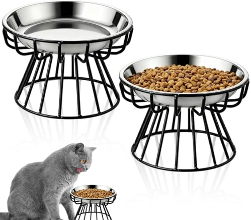 2Pcs Elevated Cat Bowl, Cat Food Bowl 304 Stainless Steel with Metal Stand Whisker Friendly Raised Cat Bowls Dishes Anti-Vomit Plate for Pet Dishwasher Safe