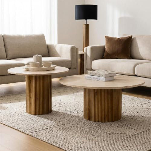 IDIMEX Couchtischset NARMADA/Mandi mit Tischplatte aus Travertin, Braun/Beige - Runder Beistelltisch im 2er Set, rundes Holzgestell aus Mangoholz, Wohnzimmertisch, Coffee Table