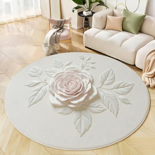Teppich Wohnzimmer Rund 120 cm Teppiche Schlafzimmer Kurzflor, 3D-Relief Weiße Rose Waschbar rutschfest Teppiche Weiß Moderner Minimalismus Teppich Für Wohnzimmer Schlafzimmer Esszimmer