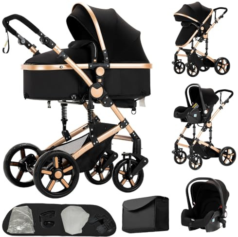 3 in 1 Kombikinderwagen,Ein-Klick-Faltung, Schwarz&Gold | Praktische Muttertasche inklusive. Komfortable Doppel-Federung, passend für Neugeborene bis Kleinkinder.
