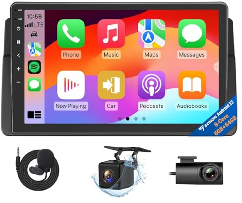 Eonon 9 Zoll für BMW 3er E46 1998 1999 2000 2001 2002 2003 2004 2005 2006 6+64GB Android 13 Autoradio mit Bildschirm GPS 4G Wireless Carplay Android Auto Display Bluetooth Rückfahrkamera + Dashcam