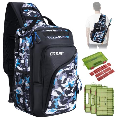 Goture Angelrucksack Umhängetasche mit 3 Köderboxen, wasserabweisend | Gepolsterte Schultergurten, rutschfester Boden, verstellbarer Angelrutengurt – ideal für Angel- und Outdoor-Ausflüge