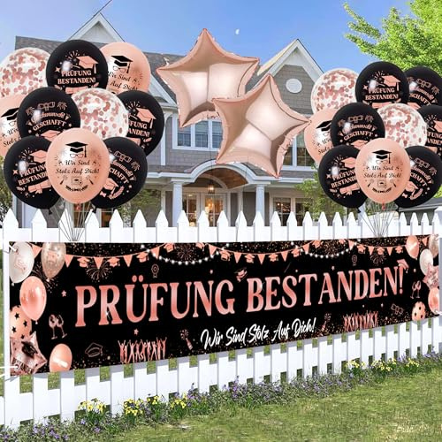 Prüfung Bestanden Deko Luftballons Banner - Abschluss Dekoration Rosegold Ballons und Lange Partybanner, Folienballon für Abitur Abschlussfeier Graduation Graduierung Party