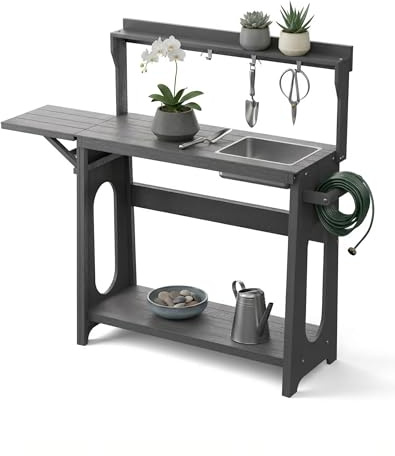 Pflanztisch Outdoor wetterfest, HIPS Gärtnertisch mit Waschbecken & Ablagefächer & Haken, Gartenregal Outdoor Regal Blumentisch aus Wetterfest Holz für Garten Balkon Terrasse