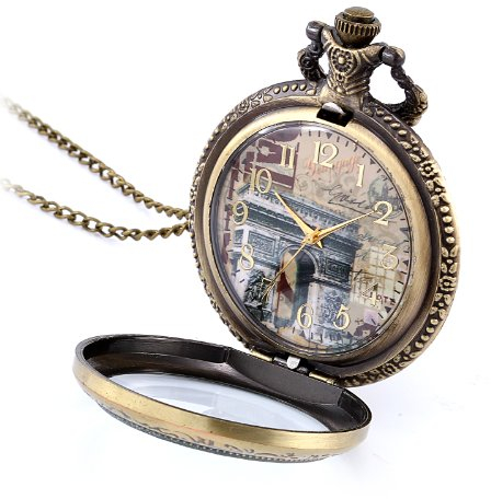 JewelryWe Taschenuhr mit Anhänger im französischen Triumphbogen im Retro-/Vintage-Stil, lange Halskette, 76,2 cm, mit Geschenkbeutel, Glas, Kein Stein