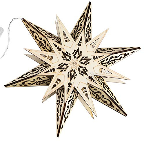 Gravidus Beleuchteter Holz-Weihnachtsstern 6 LED Lichter warmweiß batteriebetrieben mit Aufhängung perfekt für Festliche Deko