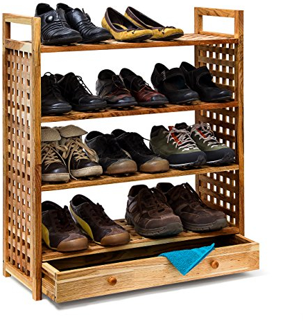 Relaxdays Schuhregal Walnuss H x B x T: 81 x 70 x 27 cm Schuhablage mit Schublade 4 Böden für je 3 Paar Schuhe Holz Schuhschrank mit Griffen zum Tragen und Schubfach zum Ausziehen, geölt, natur