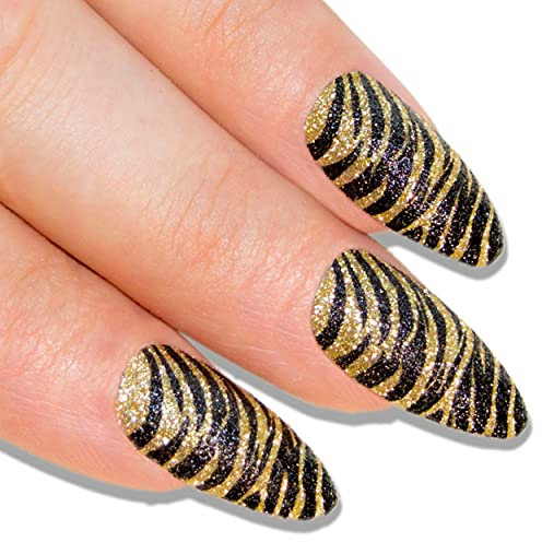 Bling Art Almond False Nails Fake Stiletto Glitter Gold Black 24 Long Tips Glue