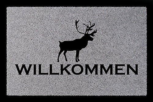 TÜRMATTE Fußmatte WILLKOMMEN ELCH Weihnachten Winter Jäger Jagd Geschenk Eingang Hellgrau