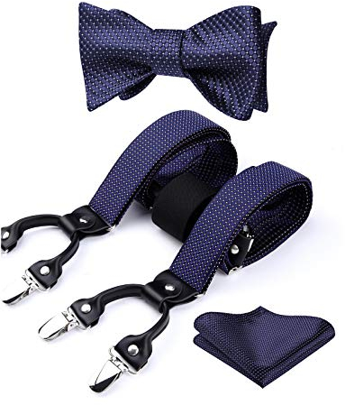 HISDERN Hosenträger Herren und Fliege Set, Y-förmige verstellbare Hosenträger mit 6 starken Clips und Fliege Set