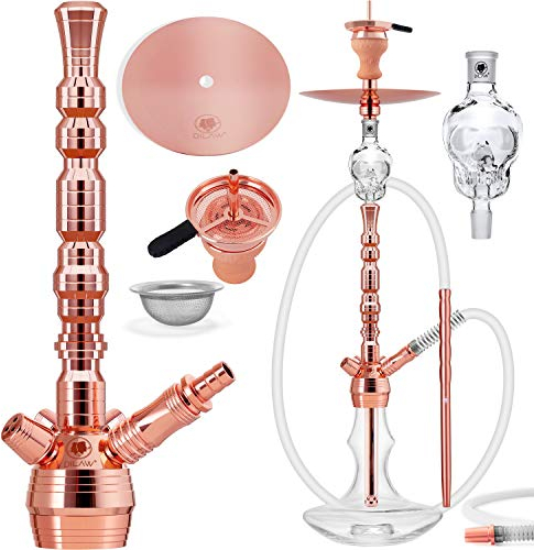 DILAW® RUBIN Shisha Edelstahl Copper Black V2A 93cm Hookah Big Size + LED Licht | Wasserpfeife Kaminkopf Komplettset Molassefänger mit 4 Anschlüssen Kopfadapter Silikonschlauch Alumundstück