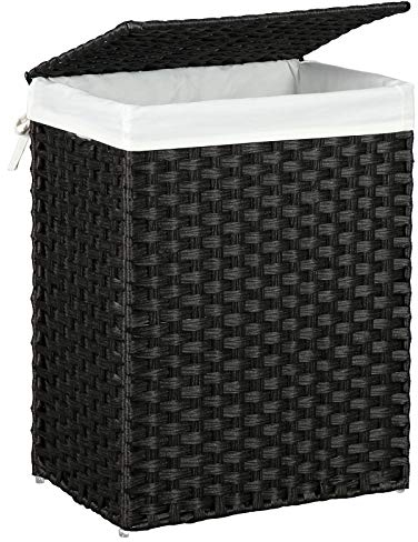 SONGMICS Laundry Hamper with Lid, 23.8 Gallon (90 L) Synthetic Rattan Clothes Laundry Basket with Lid and Handles, Foldable, Removable Liner, Black ULCB51BK