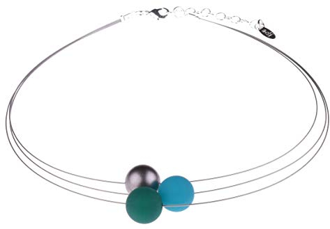Adi Modeschmuck Polariskette “Alice”, leichter 3-strängiger Halsreif aus 14mm Polarisperlen und einer metallic lackierten Akzentperle, handgefertigt in Berlin. (Petrol, Grün, dunkles Silber)