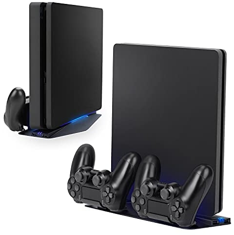 NiTHO Multistand Pro Vertical Stand, Estación de Acoplamiento Compatible con PS4 Pro/PS4 Slim, Soporte para Consola con Luz Ambiental Azul, 2 Puertos de Carga para 2 Mando de PS4
