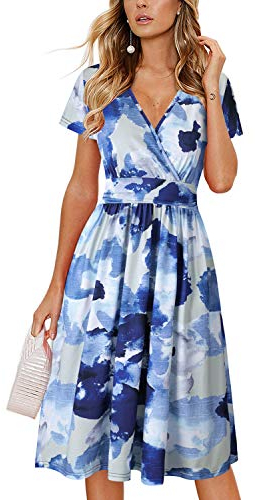 OUGES Damen Sommerkleid Kurzarm V-Ausschnitt Knielang Blumenmuster Midi Kleid mit Taschen(Floral16, L)