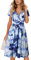 OUGES Damen Sommerkleid Kurzarm V-Ausschnitt Knielang Blumenmuster Midi Kleid mit Taschen(Floral16, L)