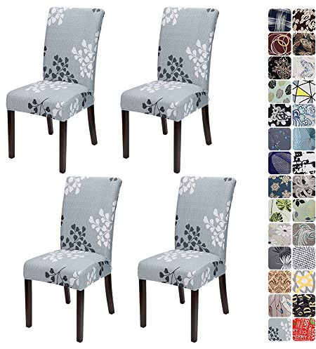 JOTOM Stuhlhussen Universal Stretch Stuhlbezug Elastische Moderne Stuhl Hussen Set Abnehmbare Dekoration Stuhlabdeckung für Esszimmer Party Hotel Restaurant Deko (Grau Blätter, 4er Set)