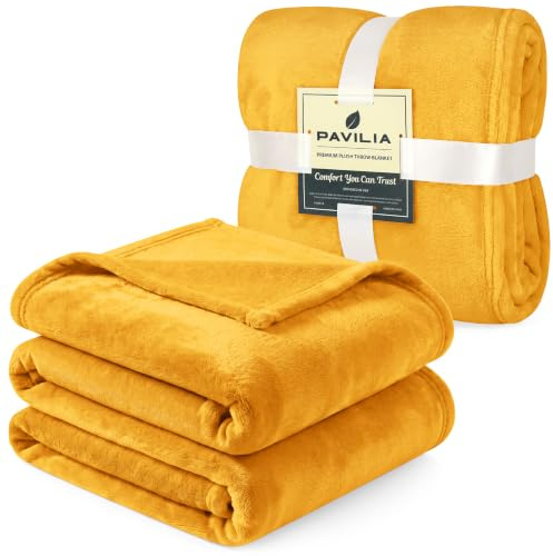 PAVILIA Fleece-Bettdecke, Kingsize, goldfarben, superweich, flauschig, Flanell-Überwurf für Couch, Sofa, Plüsch-Mikrofaser, große Überwurfdecke, Kingsize-Bett, Samt, Senfgelb, 90 x 108 cm
