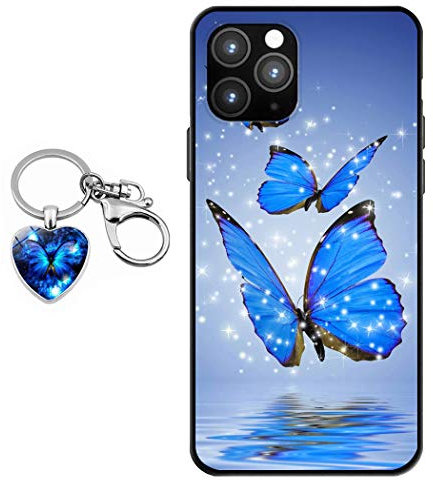 Staremeplz iPhone 12 Pro Max Case With Blue Butterfly Design [With Crystal Glass Keychain], Soft Silicone TPU Art Protective Phone Case for iPhone 12 Pro Max