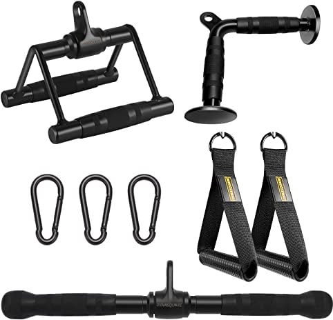 DYNASQUARE Pro Cable Attachments for Home Gym, LAT Pulldown Equipment, Weight Machine Accessories, Straight Pull Down Bar, V-Shaped Press Down Bar, Tricep Rope, Exercise & Double D Handle