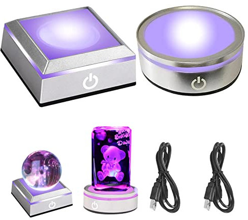 CDIYTOOL 2Pack 6 Colors LED Light Base Show Stand Display Plate with Sensitive Touch Switch for 3D Crystal Glass Art (Square Concave + Round Flat)