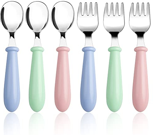 6 Piezas Cubiertos Infantiles de Acero Inoxidable, 3 Tenedores para Niños y 3 Cucharas para Niños, Cubiertos Bebe Personalizados para Uso en el Hogar y la Escuela(Mango Redondo, Azul Verde Rosa)