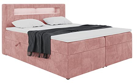 MEBLINI Boxspringbett mit Bettkasten - Bett mit LED Kopfteil - Gepolstert Doppelbett mit Matratze und Topper - Polsterbett mit Stauraum - Stauraumbett - ASPIN - 160x200 - H4/Rosa Samt