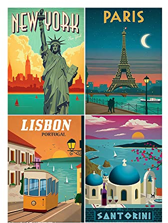 30x40CM| DCIDBE DIY 4 Lot 5D Diamond Painting Rond/Broderie Peinture Diamant Strass Complet Artisanat Décor Mur À La Maison Cadeau pour Famille/Mariage/Anniversaire-Affiche Voyage en Ville