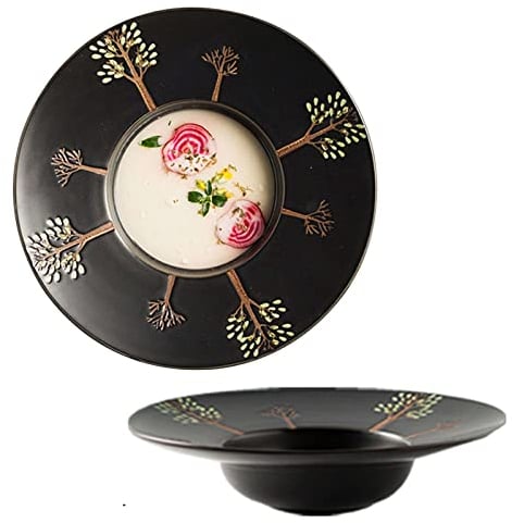 Plato Sopero Grande con Borde, Juego De 2, Cuenco De Pasta De Cerámica con Borde, Cuenco De Cocina para Servir Ensaladera, Cuenco De Microondas Seguro para Horno-Azul Y Blanco-28x28x6cm