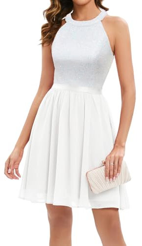 Bbonlinedress Festliches Kleid Damen Pailletten Neckholder weihnachtskleid Cocktail Brautkleid Glitzer Party Abendkleider elegant Abschlusskleid White XL